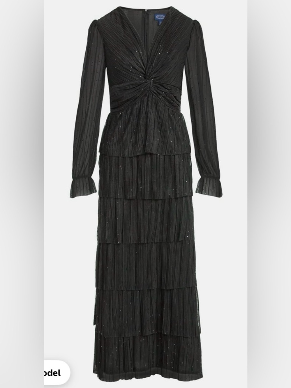 Beaded Black Long-Sleeve Tiered Evening Dress